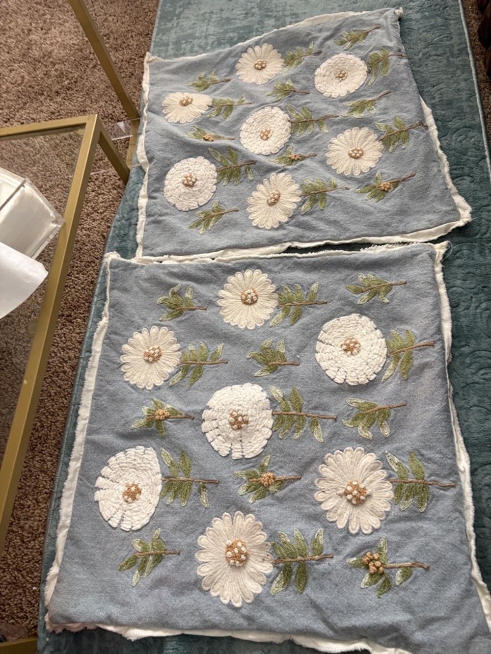 Floral Embroidered Blue Throw Pillow Covers - White Daisy Design